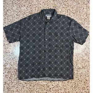 Untied Mens Large Black Grey Geometric Medallion Rayon Short Sleeve Button Shirt